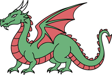 A colorful flat illustration of a green dragon with pink wings and a red underbelly, against a clean white background. This is suitable for themes of fantasy, mythology, and adventure.