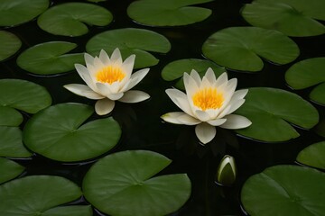 A Pair of White Lilies Basking in the Tranquil Depths of a Pond