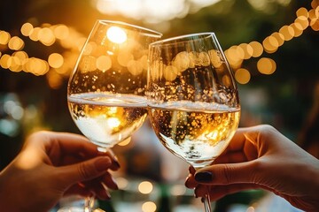 Two hands clinking glasses of sparkling white wine or champagne in warm glowing light with festive string lights in background creating a celebratory atmosphere