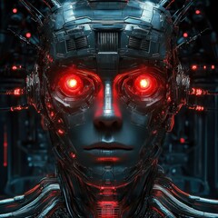 Futuristic metallic humanoid robot with glowing red eyes and intricate mechanical details in dark environment, exuding intense and enigmatic atmosphere