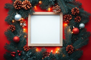 Square wooden frame surrounded by pine branches, pine cones, red and silver baubles, red berries, and warm Christmas lights on a red background