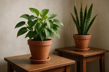 Obraz premium two potted plants standing side by side on a wooden table against a softly blurred background, their vibrant green leaves adding a touch of life to the room