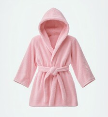 soft pink hooded bathrobe made of terry cloth with a tied waist belt against a white background