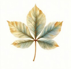 Five-lobed leaf with delicate veins and subtle brown and green shades on a clean white background