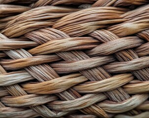 Close-up of tightly woven natural fibers creating a textured pattern with varying shades of light and dark brown
