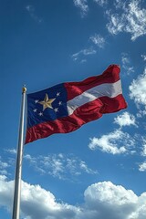 Red and white striped flag with a blue canton featuring one large gold star surrounded by six smaller white stars waving on a flagpole against a bright blue sky with scattered clouds