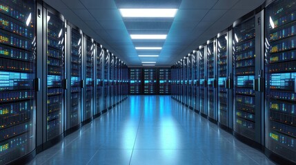Spacious modern data center room with rows of illuminated server racks and cool blue lighting reflecting on tiled floor creating a clean high-tech atmosphere