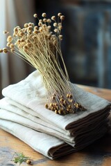 Bundle of dried wildflowers resting on neatly folded beige linen cloths on rustic wooden surface with soft natural lighting