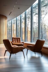 Modern interior with three brown leather chairs arranged near tall curved windows overlooking a serene forest with sunlight streaming in, evoking calm and relaxation