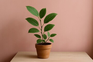 Fototapeta premium A lush green plant thrives in a rustic terracotta pot against a soft pink wall, symbolizing tranquility and growth