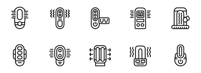 Collection of Modern Line Art Icons: UV Light Therapy Devices, Wellness Technology, Minimalist Style, Clean Design.