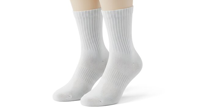 A pair of classic white ribbed crew socks displayed on mannequin feet against a plain white background.