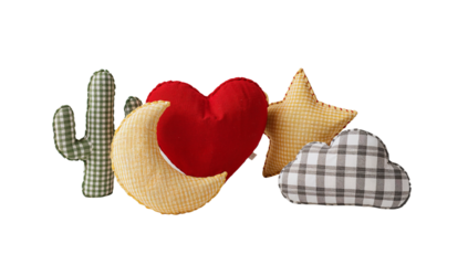 Charming plush objects in a celestial and nature-inspired arrangement creating an inviting