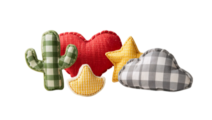 Playful arrangement of soft fabric toys including a cactus heart star cloud and sun isolated