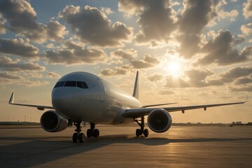 Obraz premium A Commercial Airliner Poised on the Tarmac at Sunrise