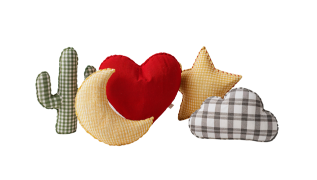 Charming plush objects in a celestial and nature-inspired arrangement creating an inviting