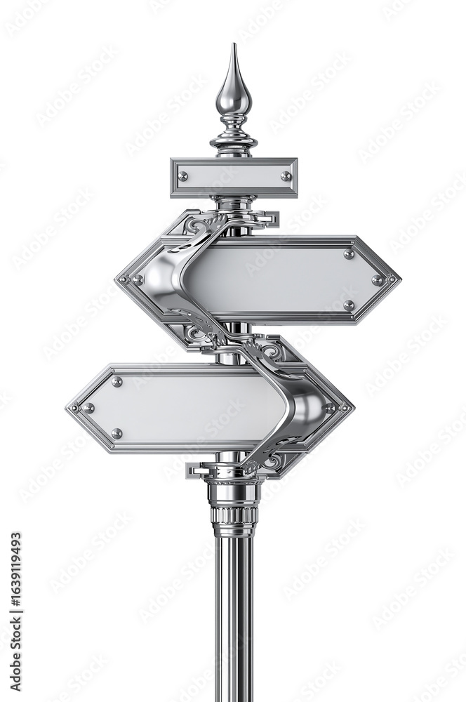 Poster gleaming chrome signpost with blank directional signs offers customizable navigation in an elegant