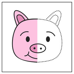 Pig half-colored tracing page for preschoolers to practice coloring and symmetry skills.
