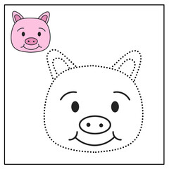 Pig tracing worksheet to teach kids animal shapes and improve fine motor skills.