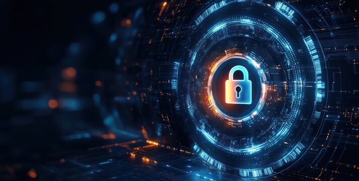 Glowing digital padlock icon in center of futuristic circular blue and orange cyber network pattern symbolizing data security and cyber protection