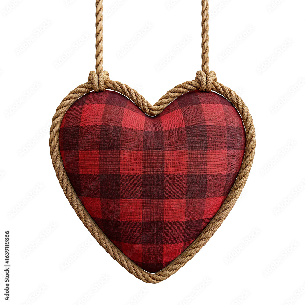 Poster rustic love declaration with checkered pattern heart wrapped in hemp rope on an isolated