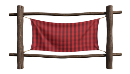 Rustic sign with red striped banner against a transparent isolated background display