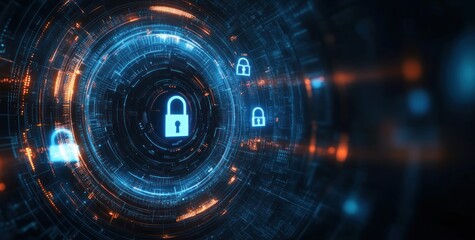 Futuristic digital security interface with glowing locks and circular data patterns in blue and orange tones conveying cybersecurity protection
