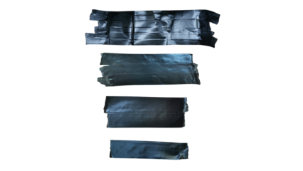 Black duct tape strip adhered on a transparent background. High-resolution image, ideal for design mockups, packaging presentations, repair visuals, or product display purposes.