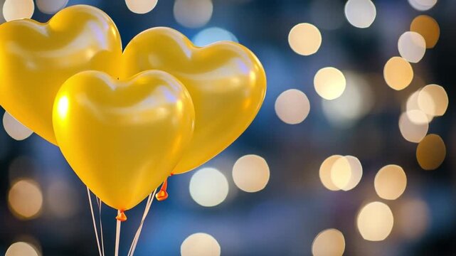 Golden heart shaped balloons are floating on a blurred background with bokeh effect, creating a romantic and festive atmosphere