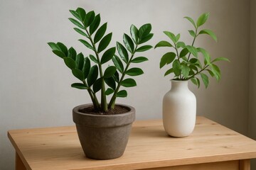 Fototapeta premium A serene indoor setting featuring two potted plants on a wooden table against a simple gray wall