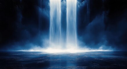 Misty glowing waterfall pouring into a dark blue pool surrounded by rocky cliff with ethereal mystical atmosphere