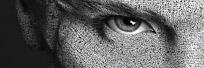 Close-up of intense human eye with face densely covered in small black and white alphanumeric characters creating a textured digital pattern expression