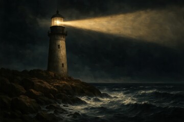 A lone beacon of light in the tempestuous night, a solitary lighthouse stands guard over the tumultuous sea