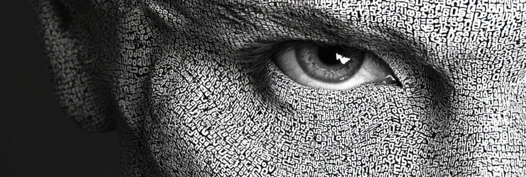 Close-up of intense human eye with face densely covered in small black and white alphanumeric characters creating a textured digital pattern expression