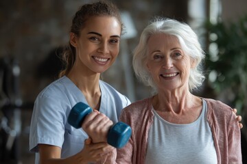 Nurse assists elderly woman with dumbbell exercises in a physiotherapy session at a rehabilitation center, promoting mobility and health in a supportive environment