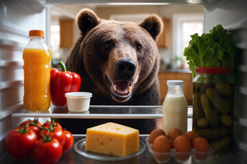 Funny Bear Exploring Kitchen and Looking into Refrigerator. Comical Animal and Food Image