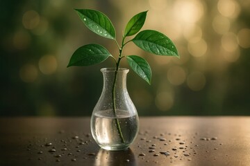 A lone leaf thrives in a simple glass vase amidst a backdrop of soft, bokeh lights