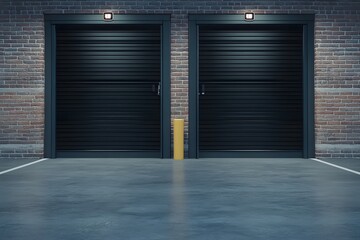 Obraz premium Two dark garage doors in a brick building.