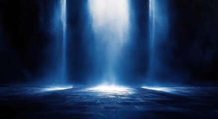 Mysterious dark environment illuminated by three powerful beams of bright blue and white light creating an ethereal and dramatic atmosphere