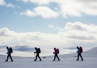 Four hikers trek across a snowy cloudfilled landscape