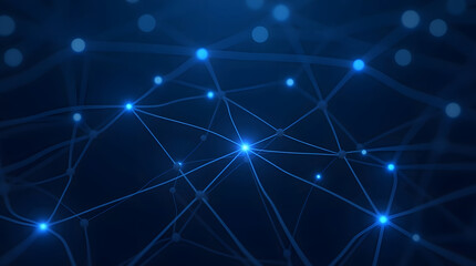 Fototapeta premium An abstract blue background with glowing nodes and lines forming a complex network. Represents communication, technology, big data, or global connections.