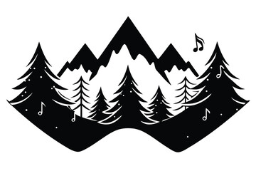 Fototapeta premium Minimalist Black and White Forest Illustration with Snowcapped Mountains and Musical Notes Decoration