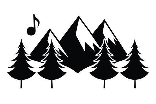 Monochrome Mountains, Evergreen Trees, and Musical Note Illustration on White Background - Powered by Adobe