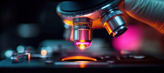 Close-up of a microscope lens focusing on a slide with vibrant pink and orange lighting and a gloved hand adjusting the focus conveying precision and scientific research