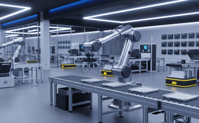 Naklejka premium Digital Twin Simulation Of A Smart Factory With Ai Controlled Machines And Iot Devices