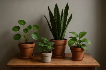 Fototapeta premium three potted plants in a row on a wooden surface against a muted gray backdrop, each contributing to the tranquil ambiance