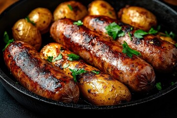 Close-up of juicy grilled sausages and roasted baby potatoes garnished with fresh parsley in a black cast iron skillet