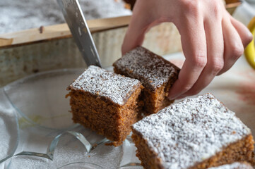 Hand serving freshly cut pieces of homemade cake with powdered sugar topping on glass plate.