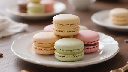 Fototapeta premium macarons on a white plate, displaying a variety of pastel shades and creamy fillings against a warm, wooden surface and blurred background