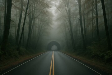 Obraz premium A solitary journey through the misty veil of a forest tunnel
